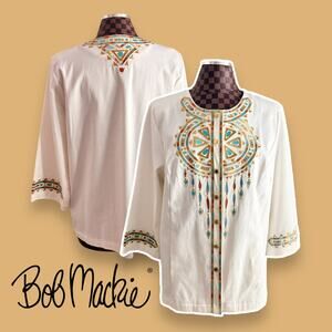 Bob Mackie Womens Aztec Jacket Large White Embroidered Blouse Wearable Art QVC
